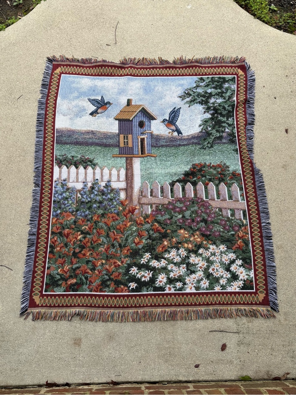 Vintage 1990's Woven Tapestry Blanket with Birdhouse and Flower Garden